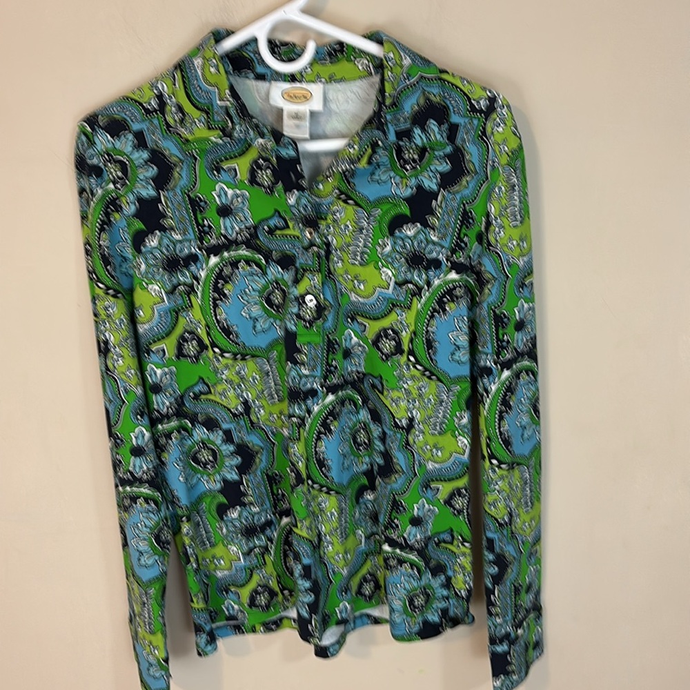 Talbots Vintage Green Print Silky Top Size Medium 80s 90s
